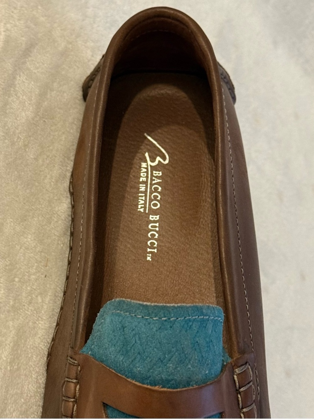 Bacco Bucci Albatros Leather Penny Loafers Tan Blue Suede - Picture 7 of 14